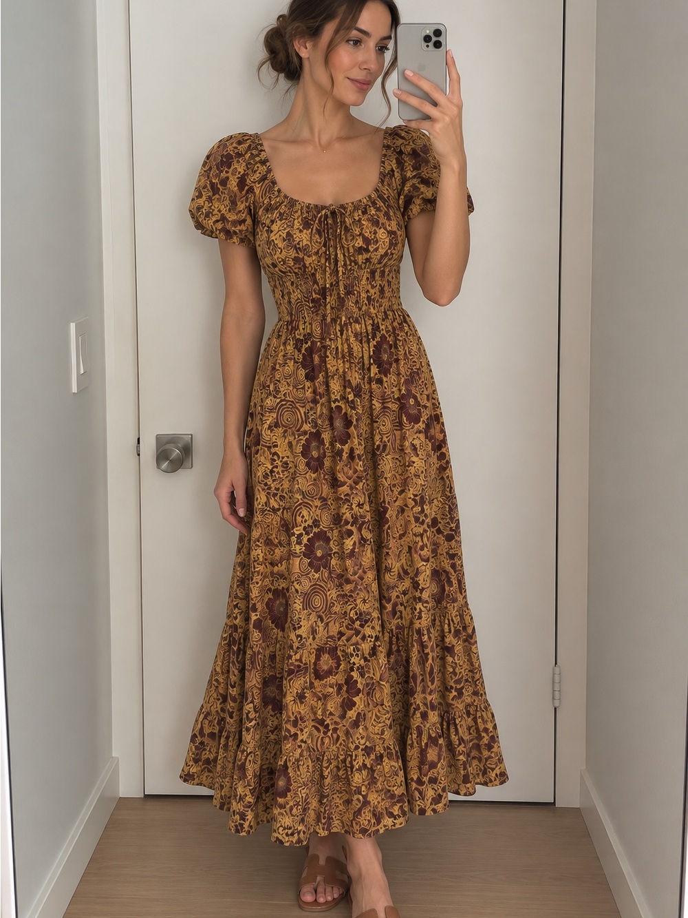 Ulla Johnson Mustard and Brown Floral Maxi Dress